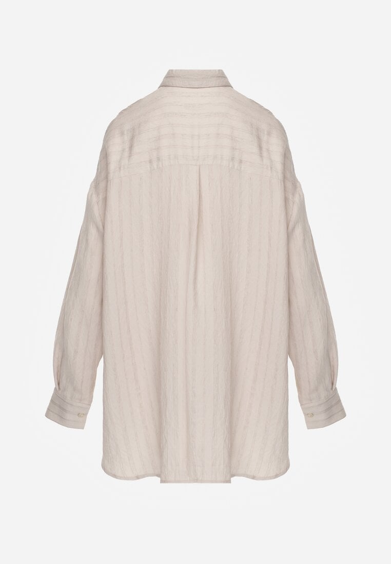 Beżowa Koszula z Wiskozy z Domieszką Lnu ze Strukturalnego Materiału Sewrita