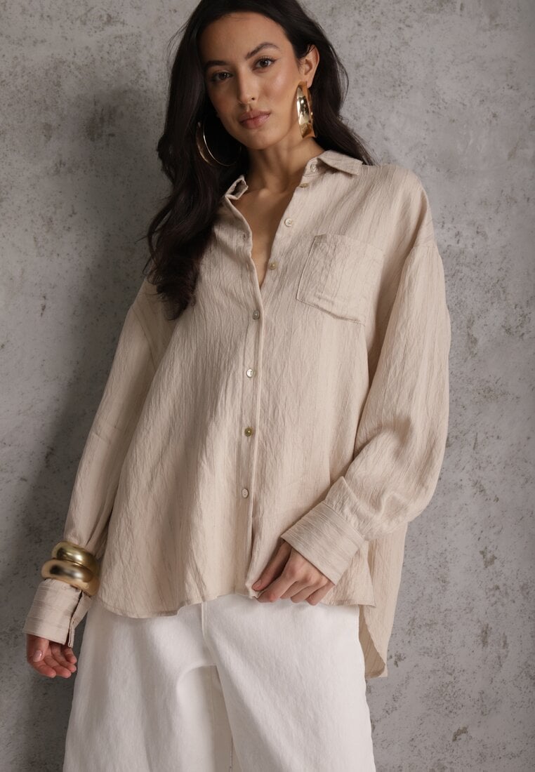 Beżowa Koszula z Wiskozy z Domieszką Lnu ze Strukturalnego Materiału Sewrita