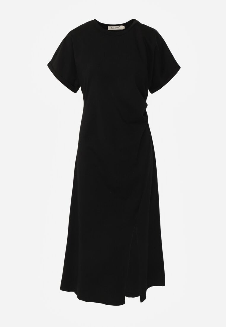 Czarna Rozkloszowana Sukienka Zdobiona Drapowaniem w Talii i Rozcięciem Uziola