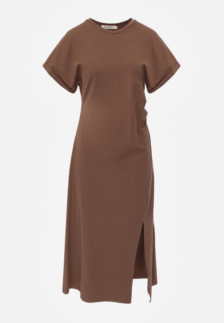 Brązowa Rozkloszowana Sukienka Zdobiona Drapowaniem w Talii i Rozcięciem Uziola