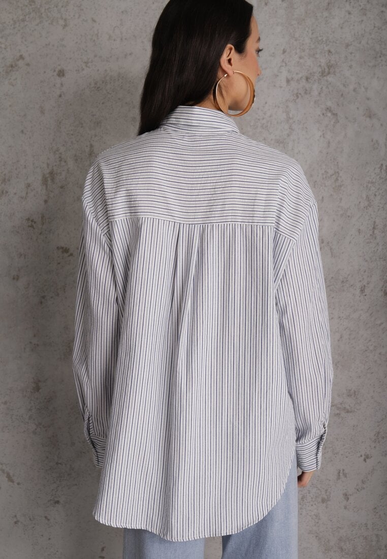 Niebieska Koszula z Bawełną w Paski z Haftowaną Aplikacją Serca Sewrona