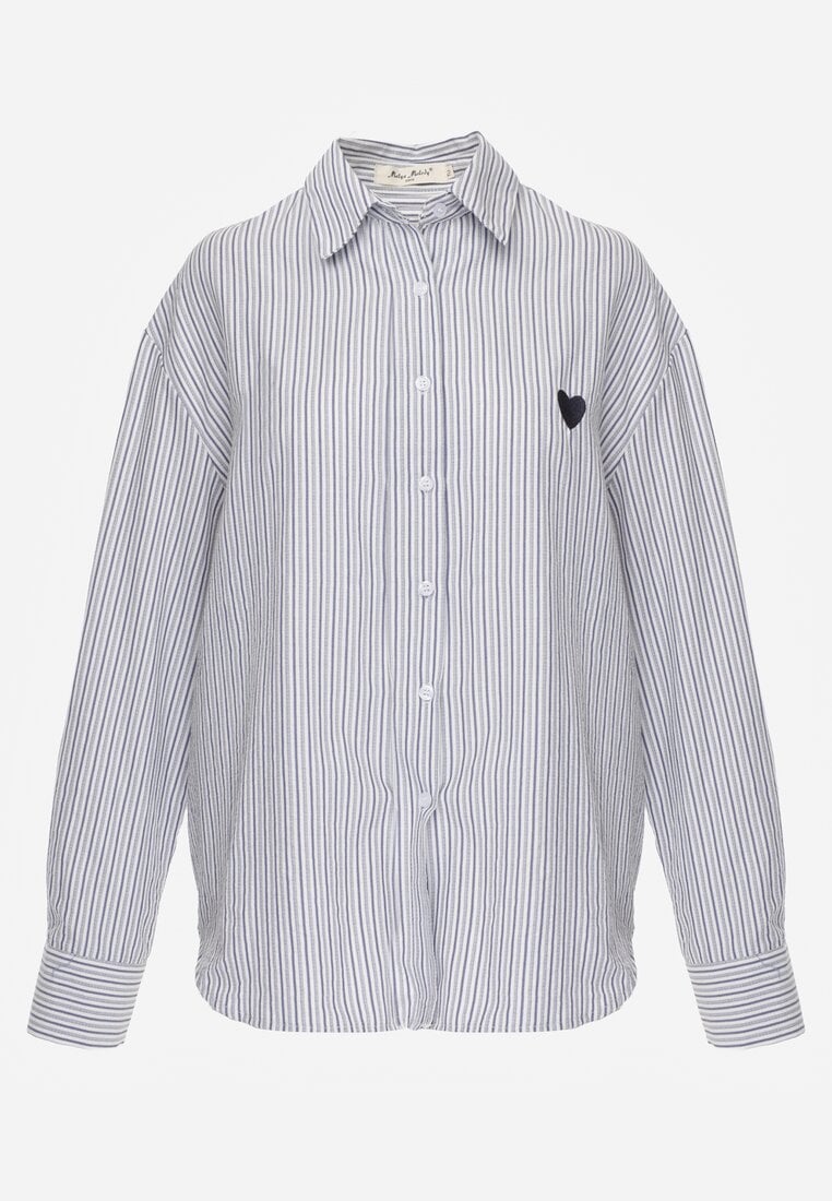 Niebieska Koszula z Bawełną w Paski z Haftowaną Aplikacją Serca Sewrona