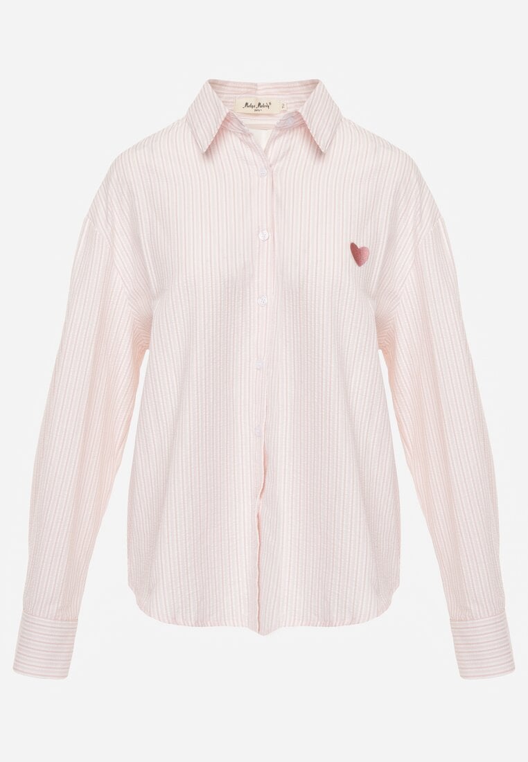 Różowa Koszula z Bawełną w Paski z Haftowaną Aplikacją Serca Sewrona