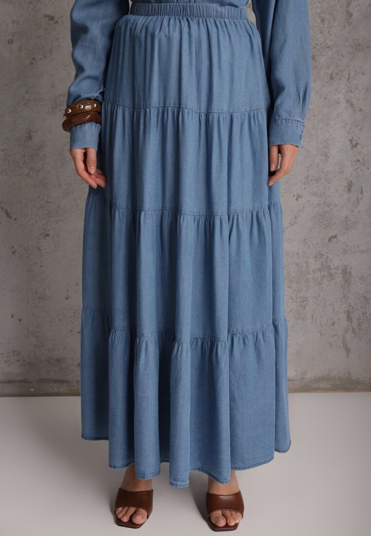 Niebieska Spódnica Rozkloszowana z Lyocellu High Waist Ozdobiona Falbanami Ravienne