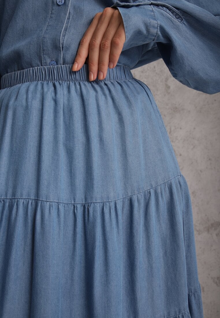 Niebieska Spódnica Rozkloszowana z Lyocellu High Waist Ozdobiona Falbanami Ravienne