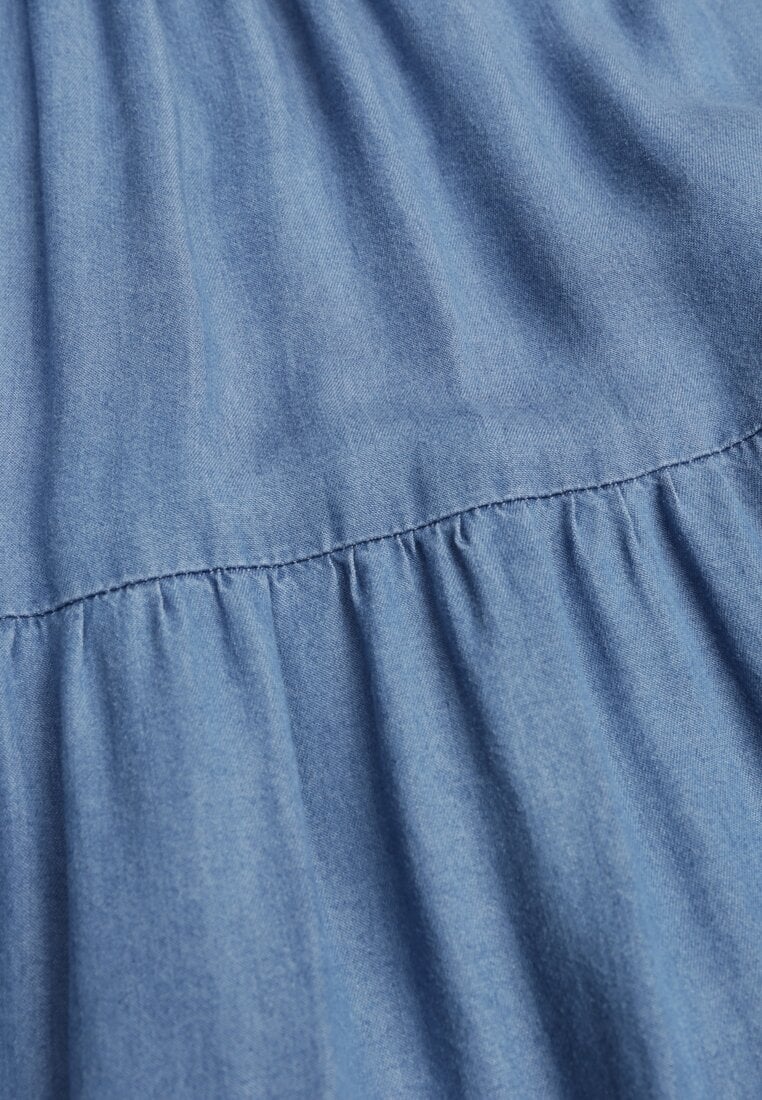 Niebieska Spódnica Rozkloszowana z Lyocellu High Waist Ozdobiona Falbanami Ravienne