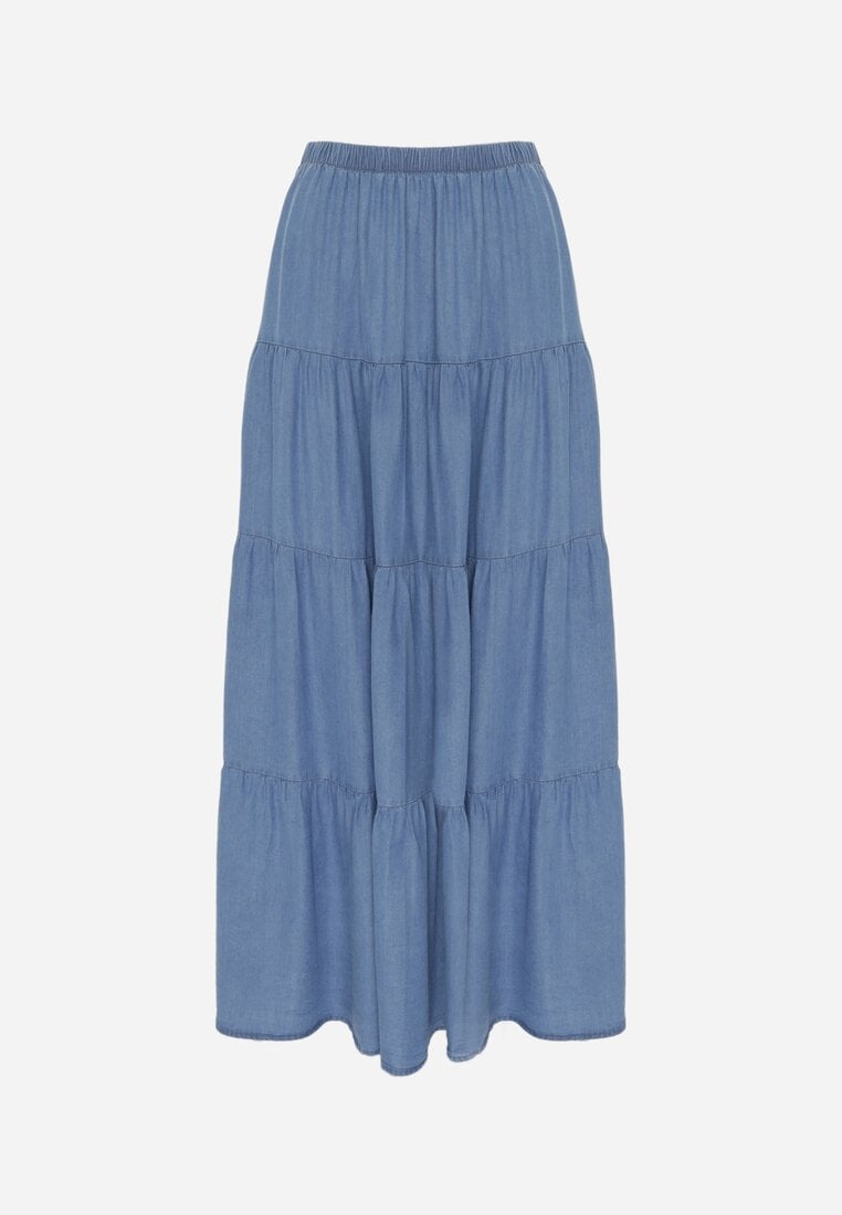 Niebieska Spódnica Rozkloszowana z Lyocellu High Waist Ozdobiona Falbanami Ravienne