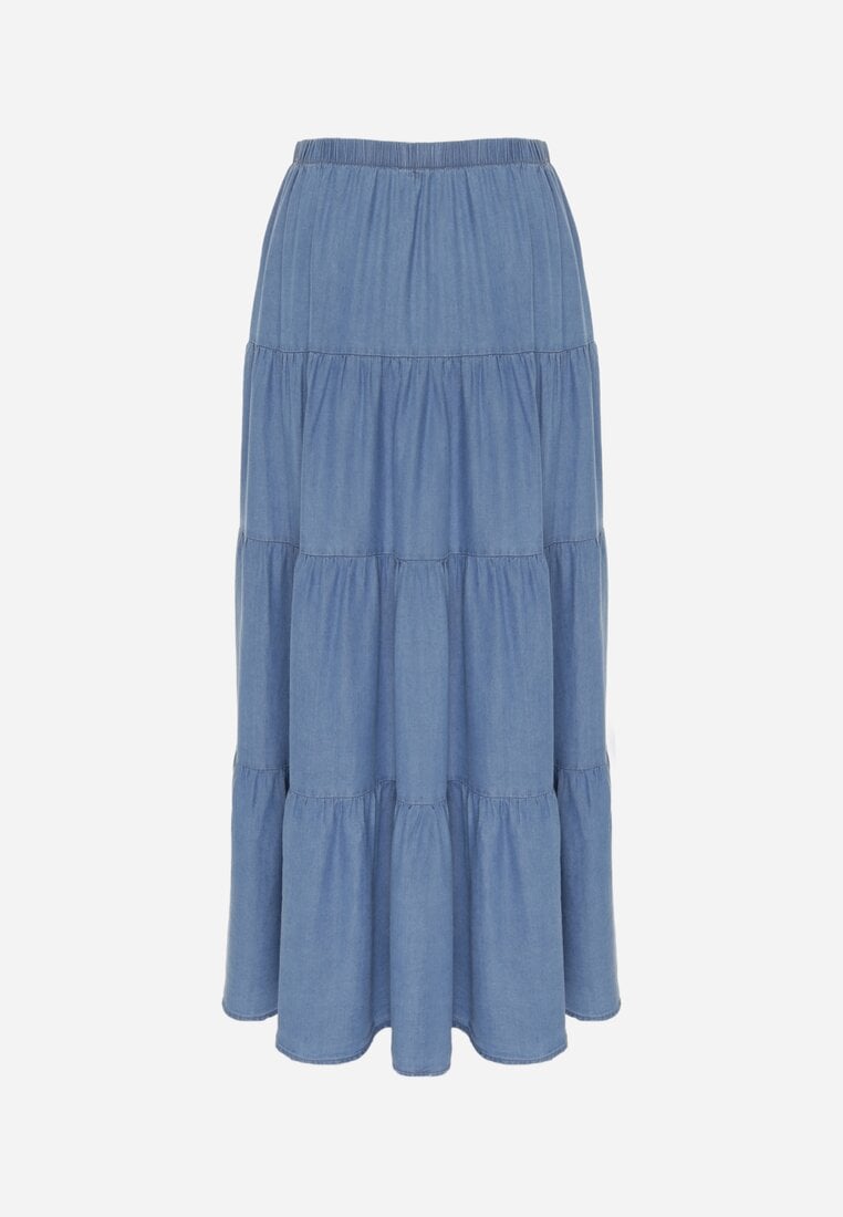 Niebieska Spódnica Rozkloszowana z Lyocellu High Waist Ozdobiona Falbanami Ravienne