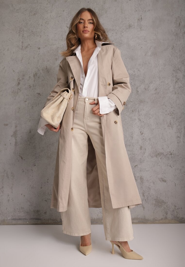 Beżowy Płaszcz Trencz z Bawełny i Wiskozy z Wiązanym Paskiem i Klapą Lissien