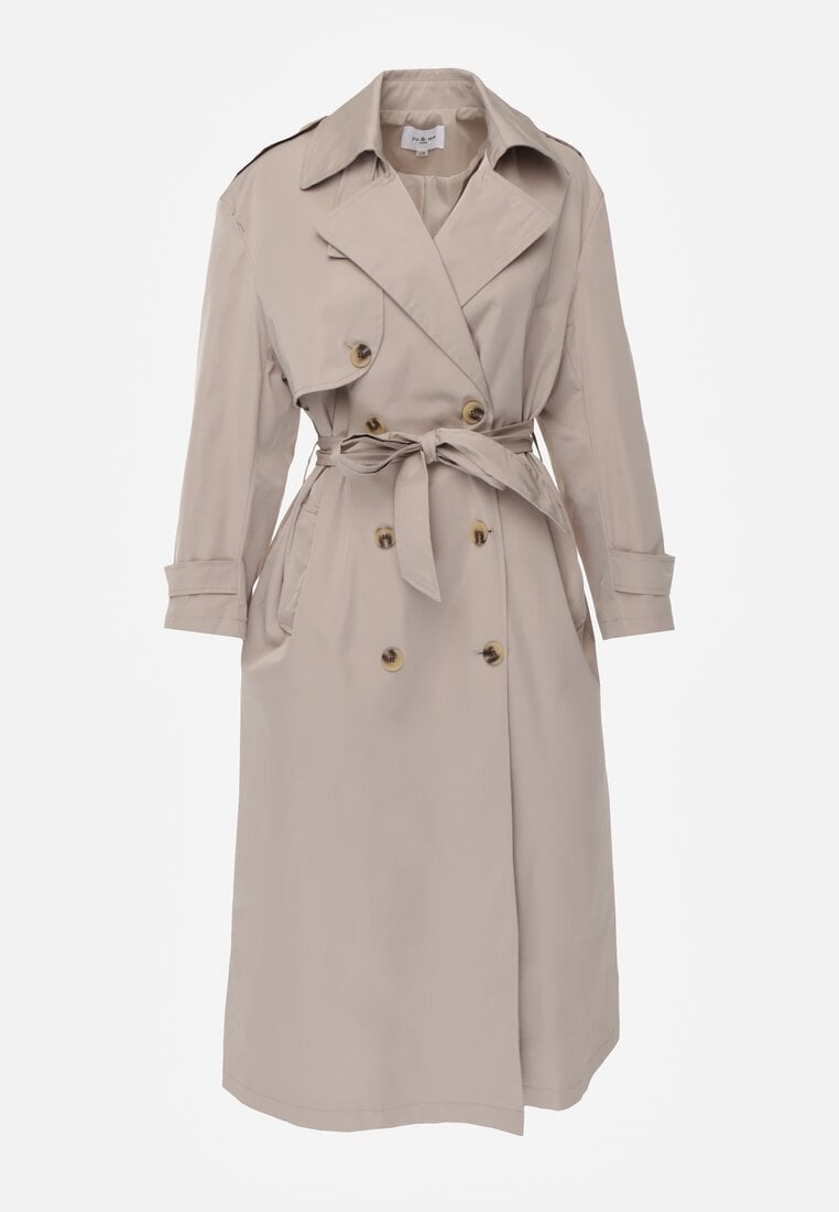 Beżowy Płaszcz Trencz z Bawełny i Wiskozy z Wiązanym Paskiem i Klapą Lissien