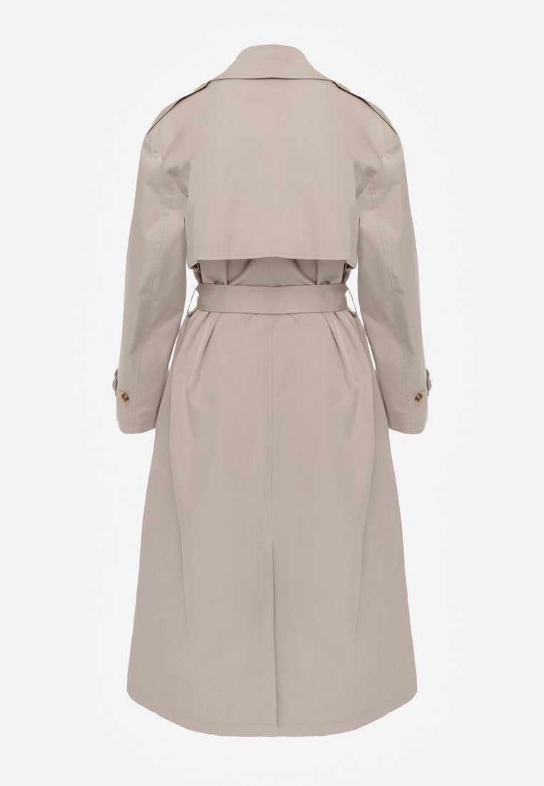 Beżowy Płaszcz Trencz z Bawełny i Wiskozy z Wiązanym Paskiem i Klapą Lissien