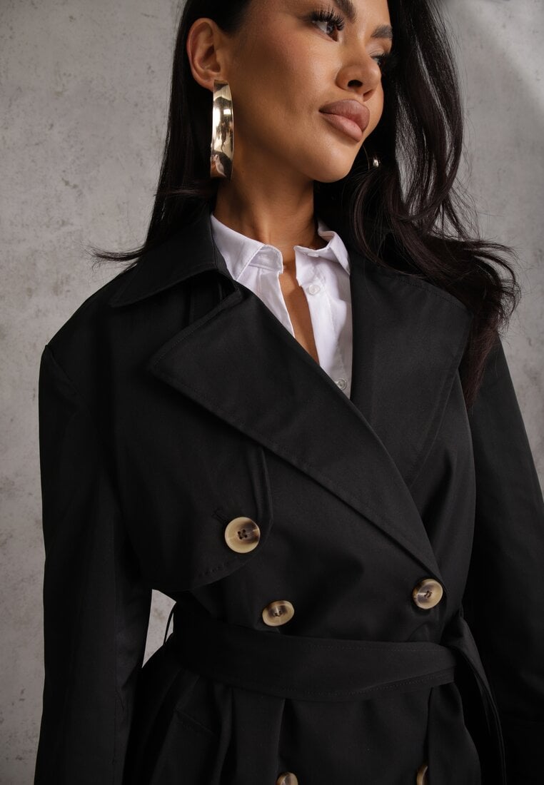 Czarny Płaszcz Trencz z Bawełny i Wiskozy z Wiązanym Paskiem i Klapą Lissien