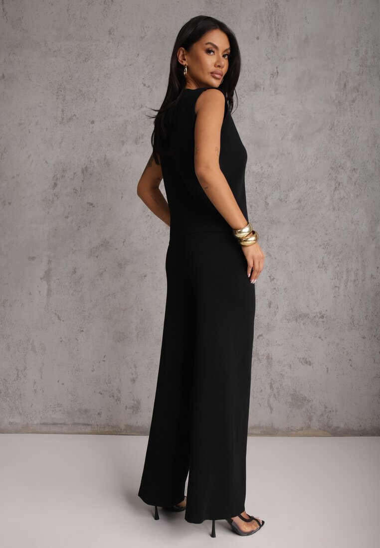 Czarny Komplet z Wiskozą Szerokie Spodnie i Kamizelka z Aplikacjami 3D Hirimi