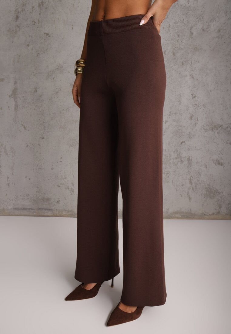 Brązowy Komplet z Wiskozą Szerokie Spodnie i Kamizelka z Aplikacjami 3D Hirimi