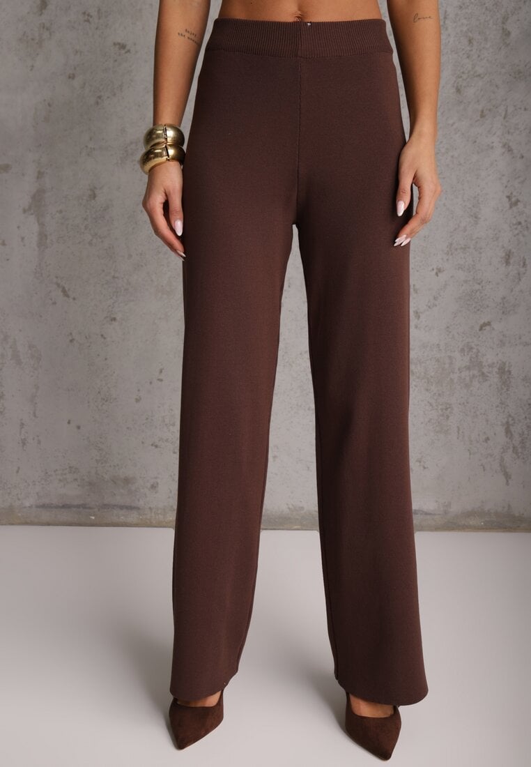 Brązowy Komplet z Wiskozą Szerokie Spodnie i Kamizelka z Aplikacjami 3D Hirimi