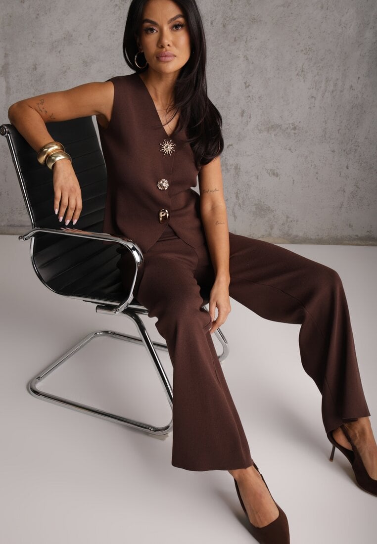 Brązowy Komplet z Wiskozą Szerokie Spodnie i Kamizelka z Aplikacjami 3D Hirimi