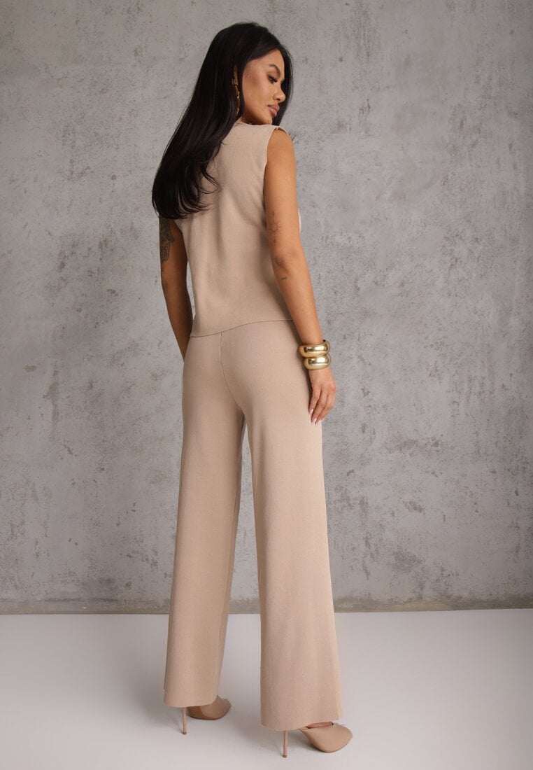 Jasnobrązowy Komplet z Wiskozą Szerokie Spodnie i Kamizelka z Aplikacjami 3D Hirimi