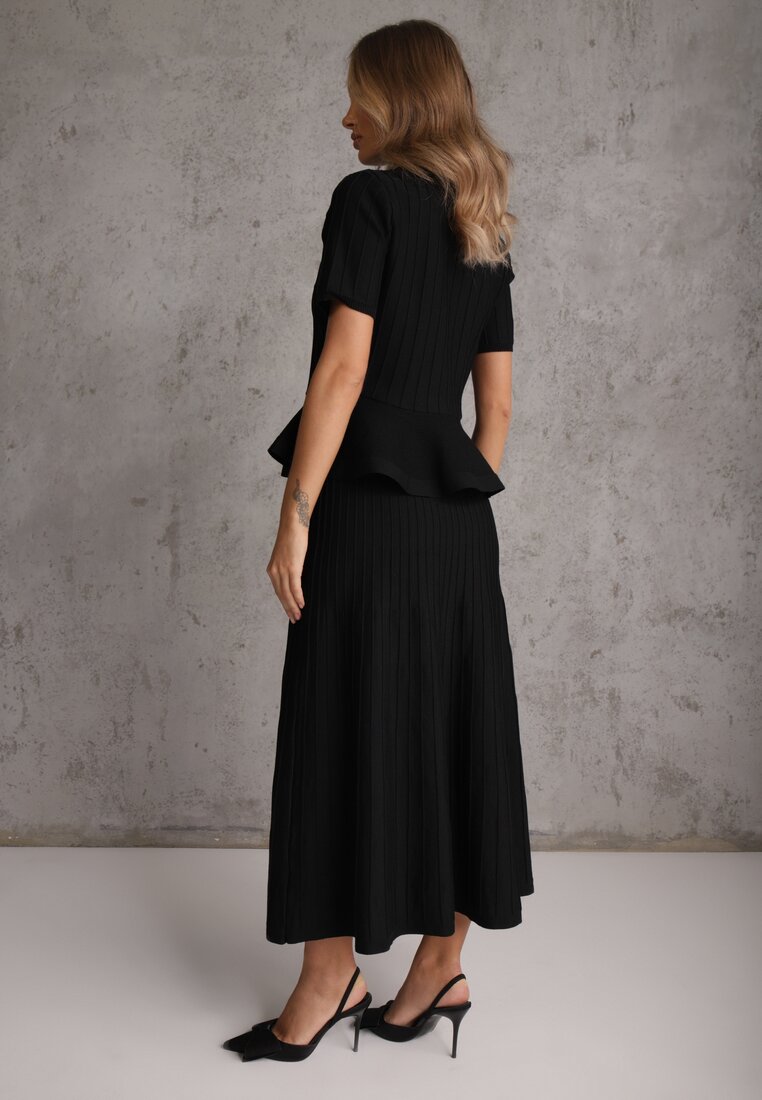 Czarny Komplet z Wiskozą Bluzka z Guzikami i Baskinką i Spódnica Narinna