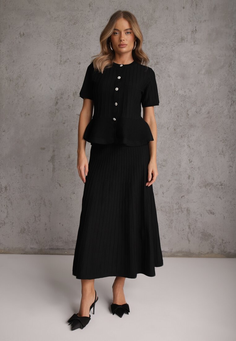 Czarny Komplet z Wiskozą Bluzka z Guzikami i Baskinką i Spódnica Narinna