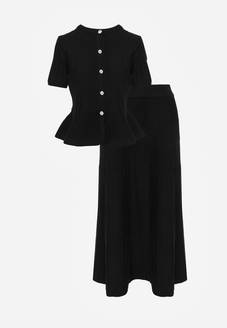 Czarny Komplet z Wiskozą Bluzka z Guzikami i Baskinką i Spódnica Narinna