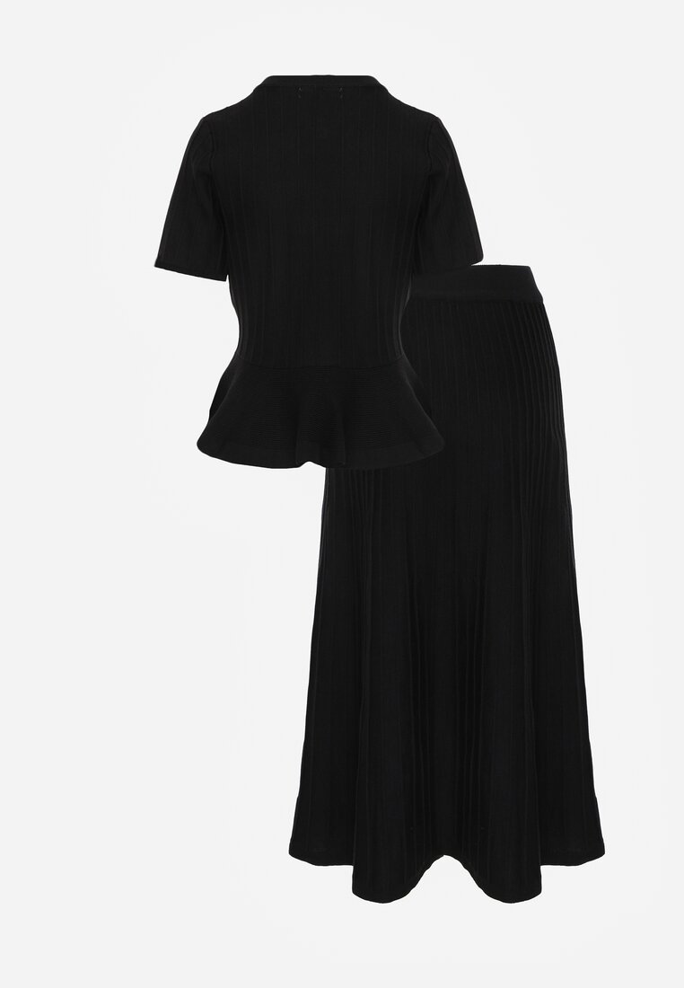 Czarny Komplet z Wiskozą Bluzka z Guzikami i Baskinką i Spódnica Narinna