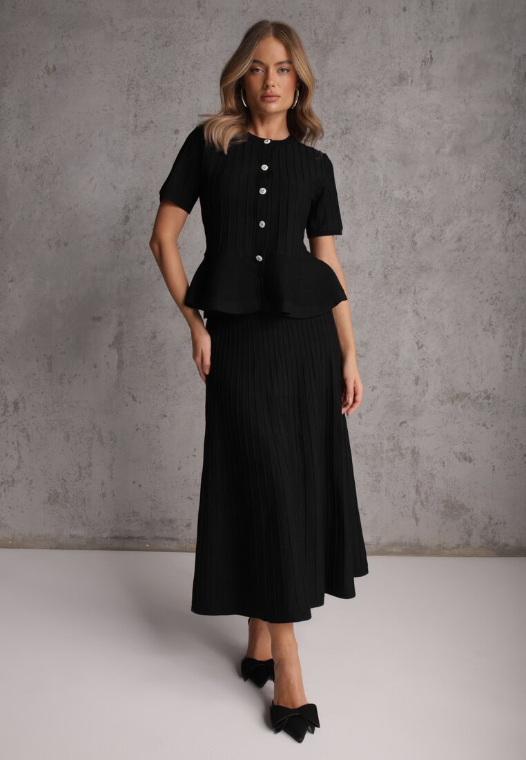 Czarny Komplet z Wiskozą Bluzka z Guzikami i Baskinką i Spódnica Narinna