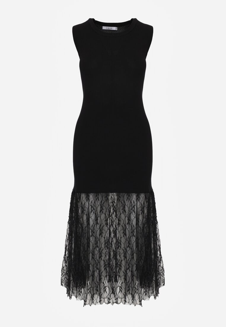 Czarna Sukienka Koktajlowa Bodycon z Wiskozą i Koronką na Dole Nedira