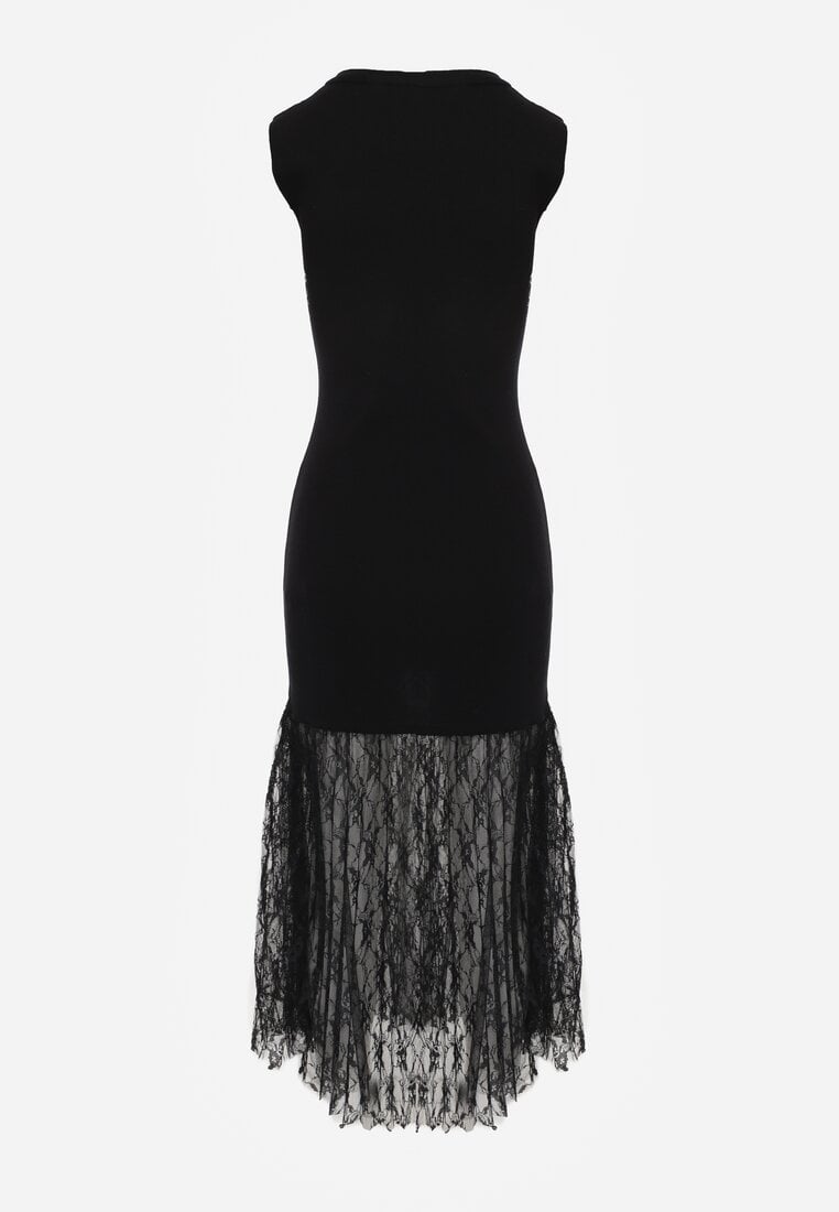 Czarna Sukienka Koktajlowa Bodycon z Wiskozą i Koronką na Dole Nedira