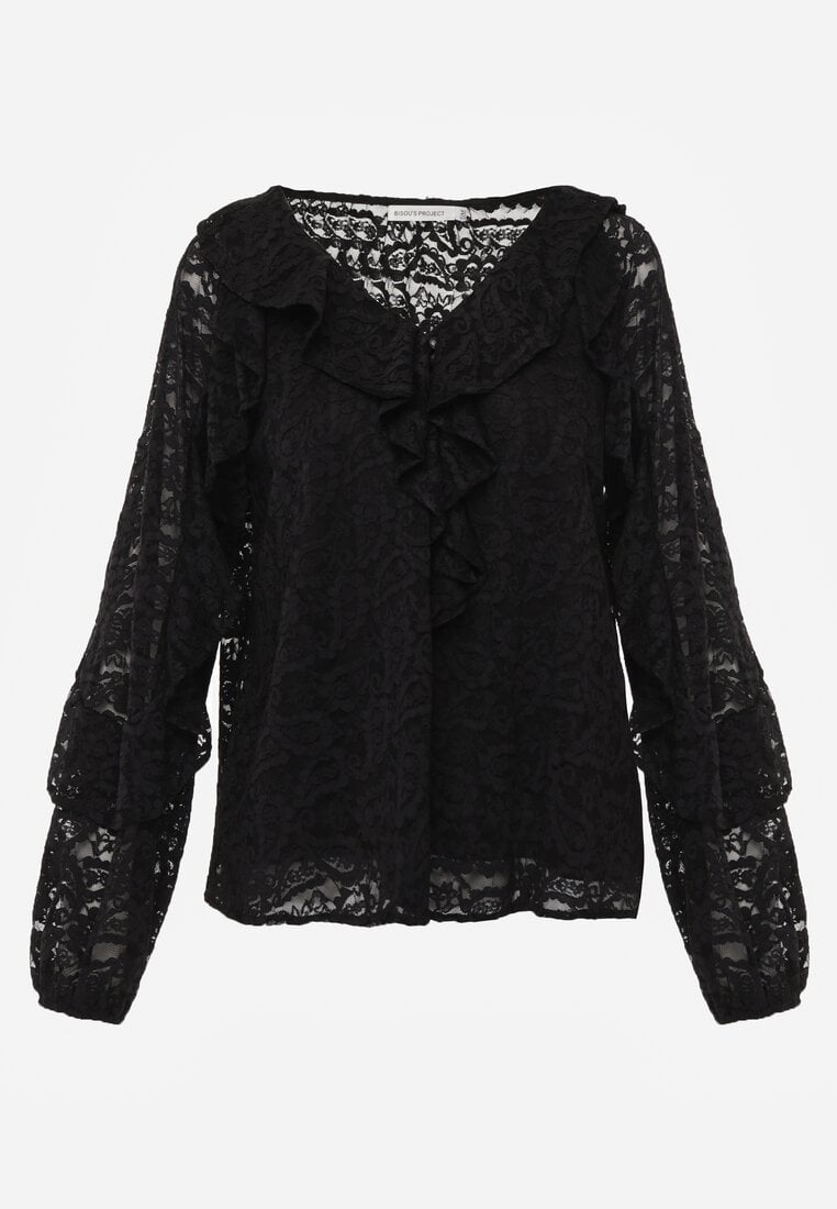 Czarna Koronkowa Bluzka z Falbankami Sewrana