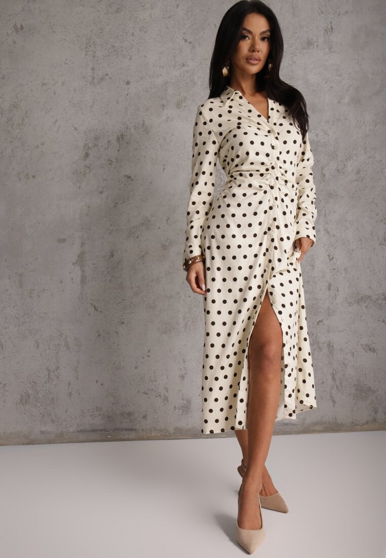 Beżowy Koszulowa Sukienka z Wiskozy z Dodatkiem Lnu z Drapowaną Talią Edrilith