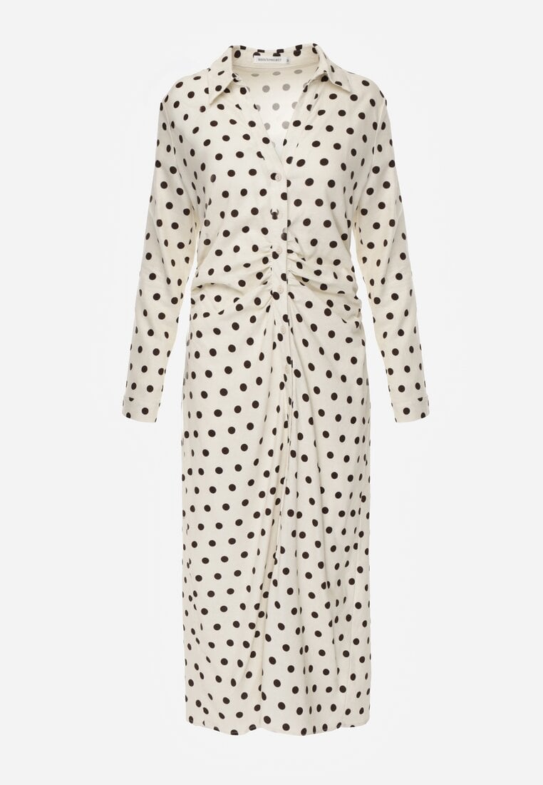 Beżowy Koszulowa Sukienka z Wiskozy z Dodatkiem Lnu z Drapowaną Talią Edrilith