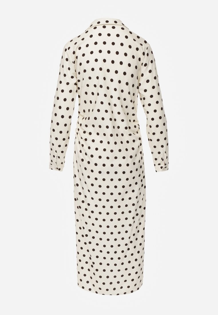 Beżowy Koszulowa Sukienka z Wiskozy z Dodatkiem Lnu z Drapowaną Talią Edrilith