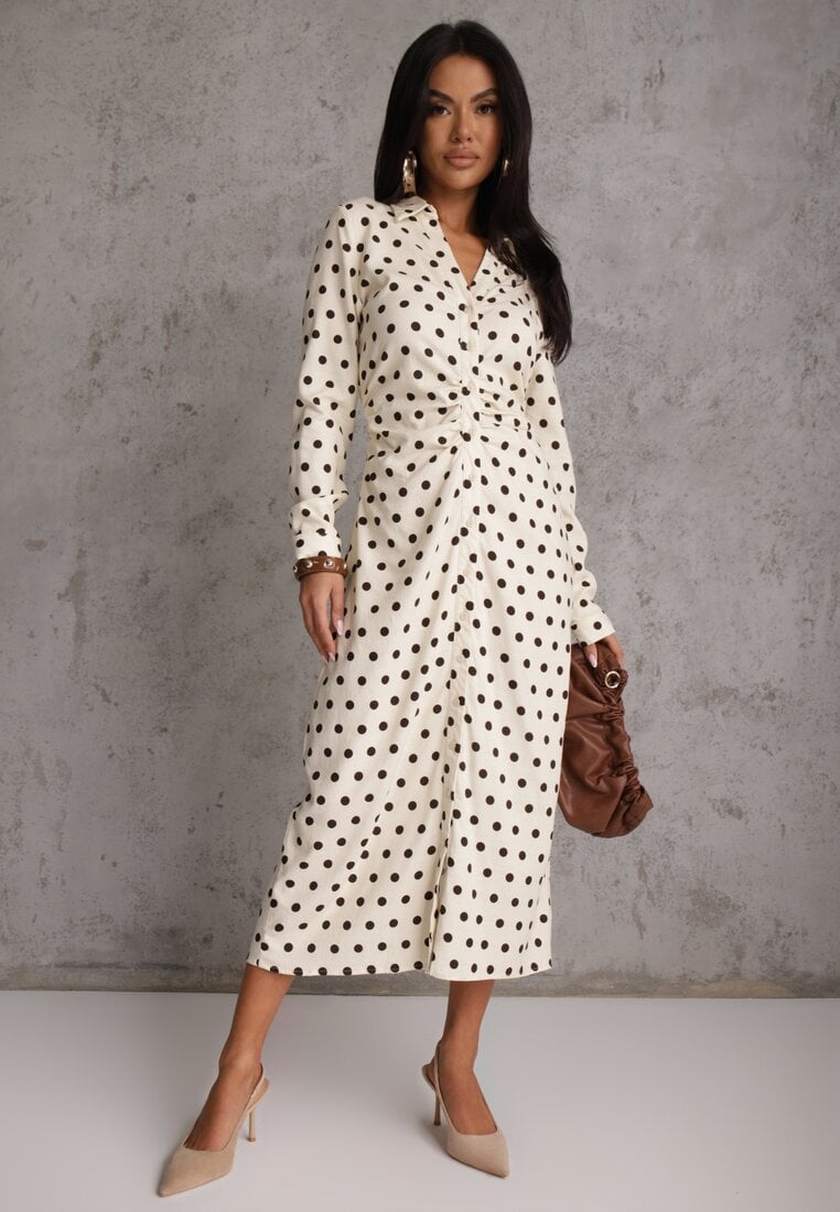 Beżowy Koszulowa Sukienka z Wiskozy z Dodatkiem Lnu z Drapowaną Talią Edrilith