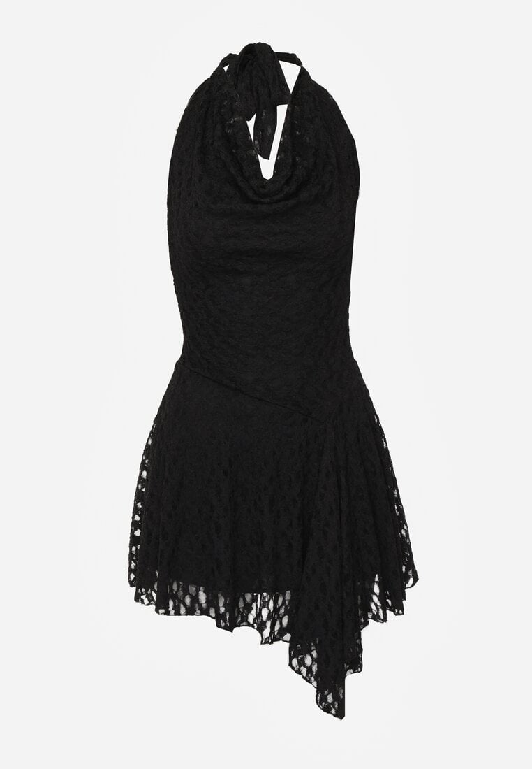 Czarna Koronkowa Sukienka o Rozkloszowanym Kroju z Wiązanym Dekoltem Halter Bervine