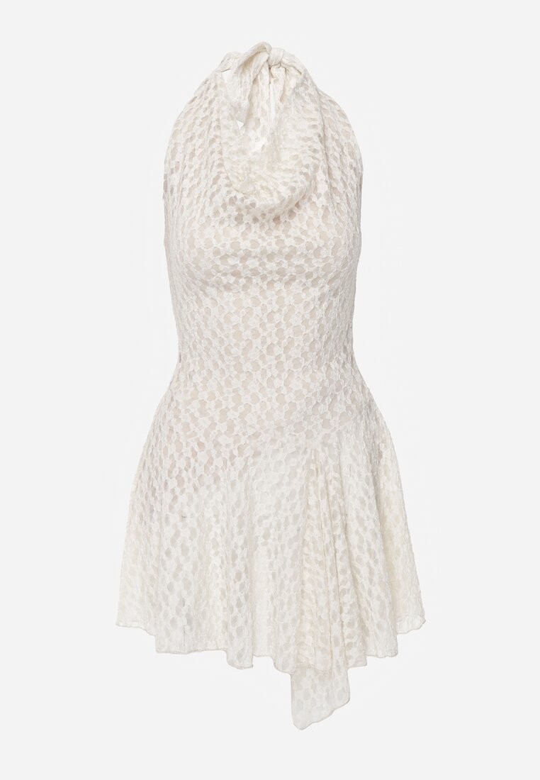Biała Koronkowa Sukienka o Rozkloszowanym Kroju z Wiązanym Dekoltem Halter Bervine
