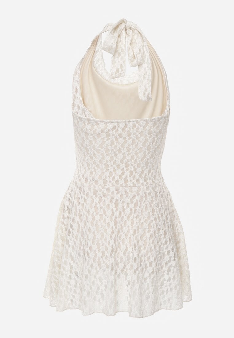 Biała Koronkowa Sukienka o Rozkloszowanym Kroju z Wiązanym Dekoltem Halter Bervine