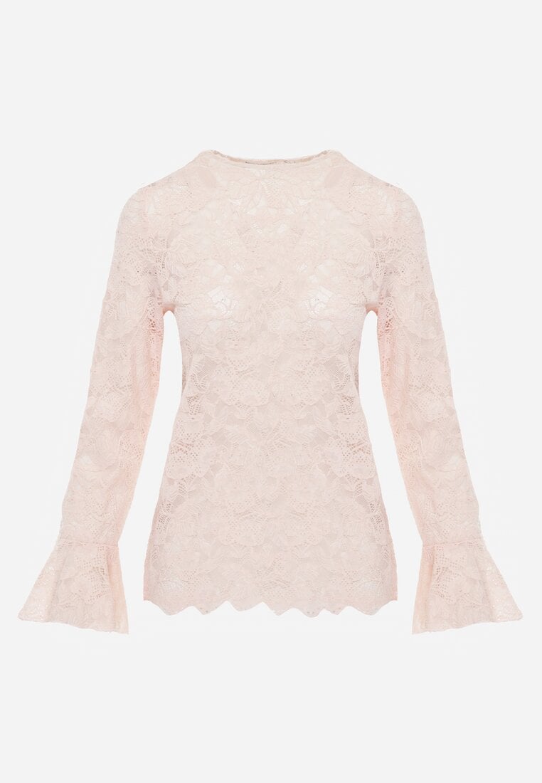 Różowa Bluzka z Koronki Ozdobiona Rozkloszowanymi Rękawami i Falbanką na Dole Sanovia