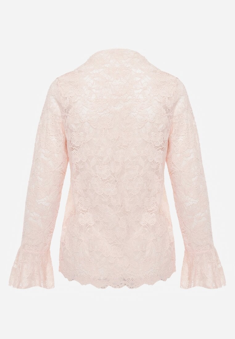 Różowa Bluzka z Koronki Ozdobiona Rozkloszowanymi Rękawami i Falbanką na Dole Sanovia