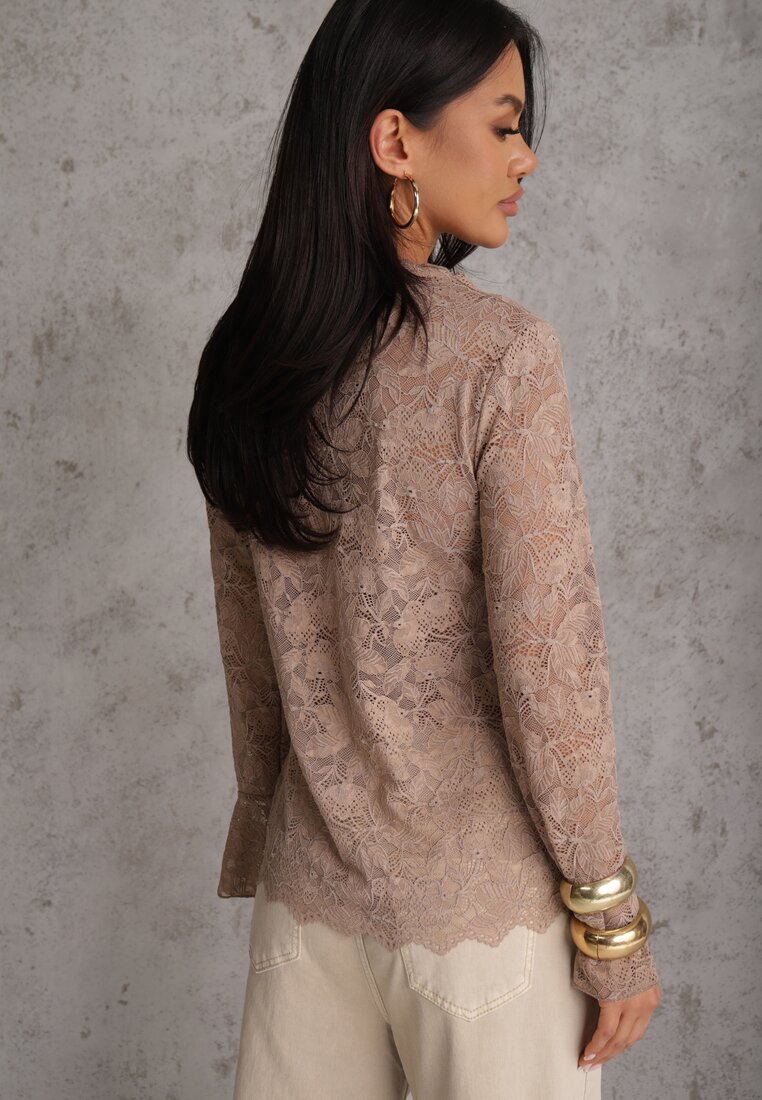 Brązowa Bluzka z Koronki Ozdobiona Rozkloszowanymi Rękawami i Falbanką na Dole Sanovia