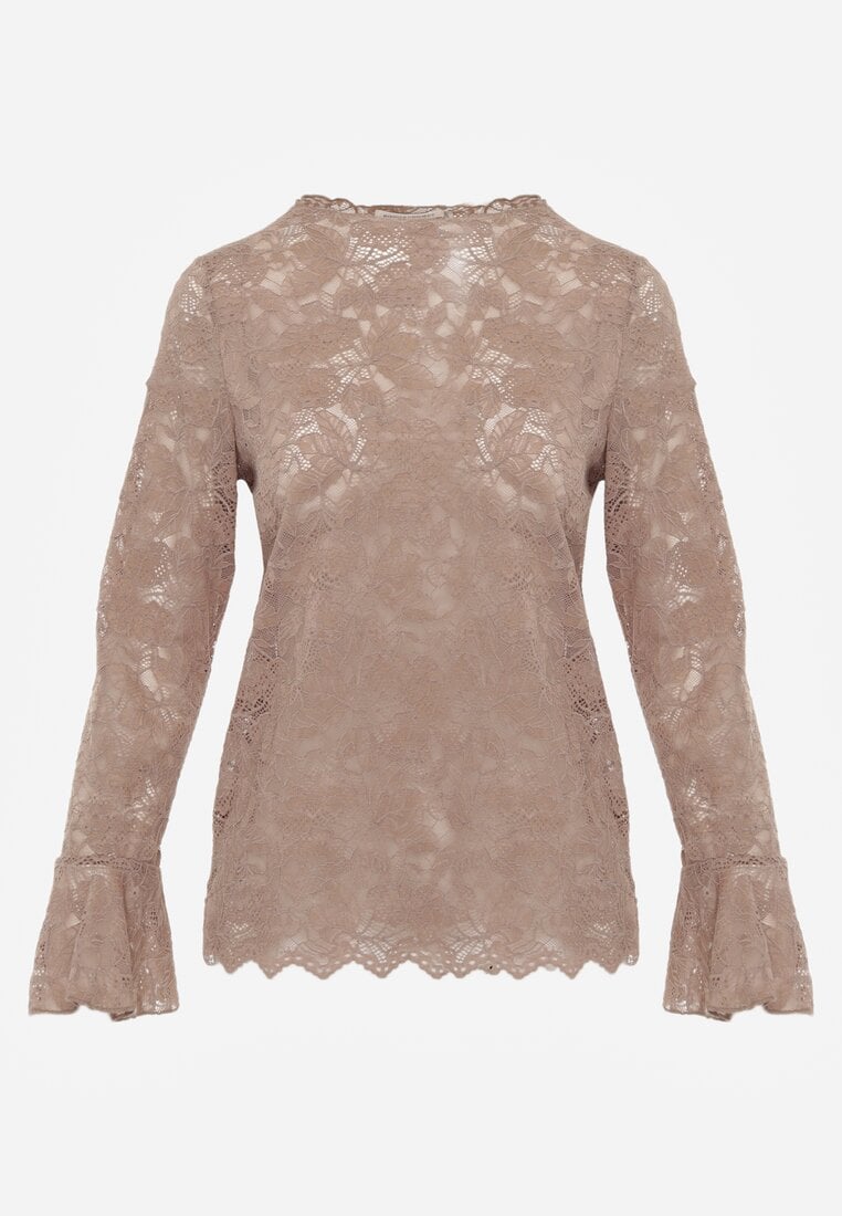 Brązowa Bluzka z Koronki Ozdobiona Rozkloszowanymi Rękawami i Falbanką na Dole Sanovia