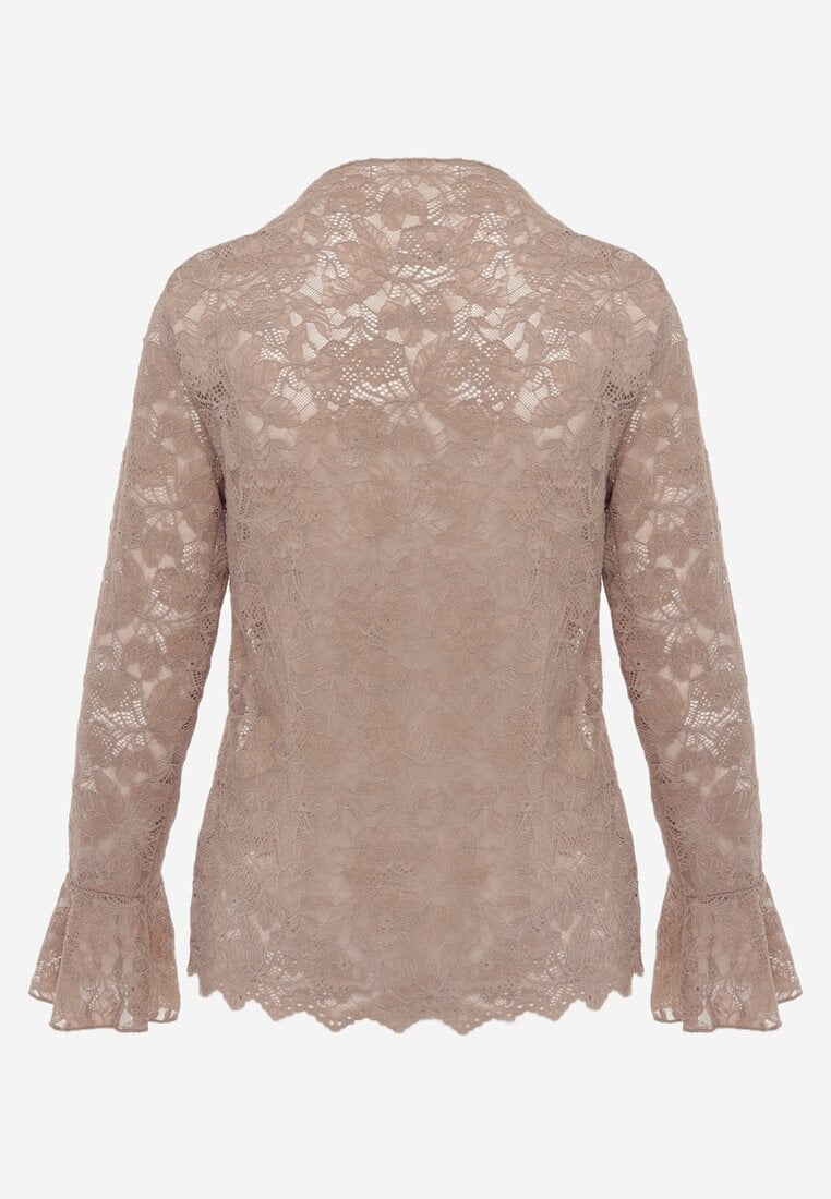 Brązowa Bluzka z Koronki Ozdobiona Rozkloszowanymi Rękawami i Falbanką na Dole Sanovia