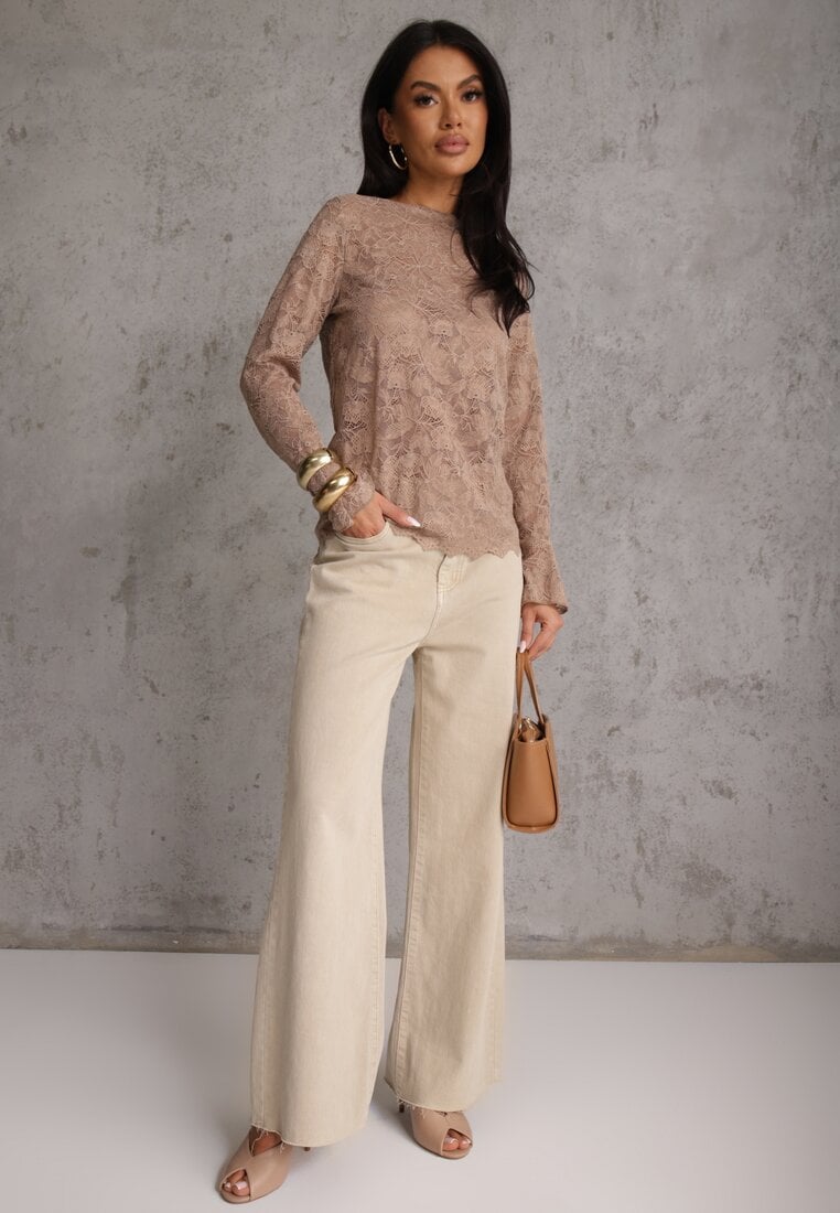 Brązowa Bluzka z Koronki Ozdobiona Rozkloszowanymi Rękawami i Falbanką na Dole Sanovia