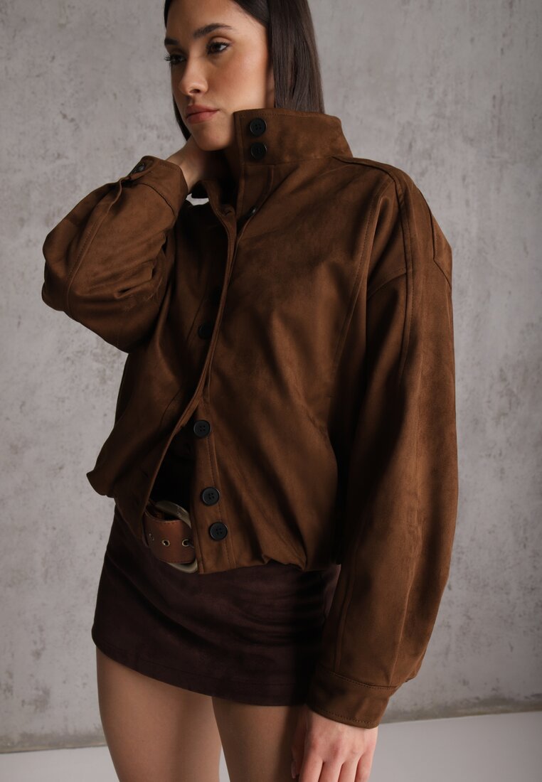 Brązowa Kurtka Bomber Jacket Ozdobiona Guzikami Quilimi