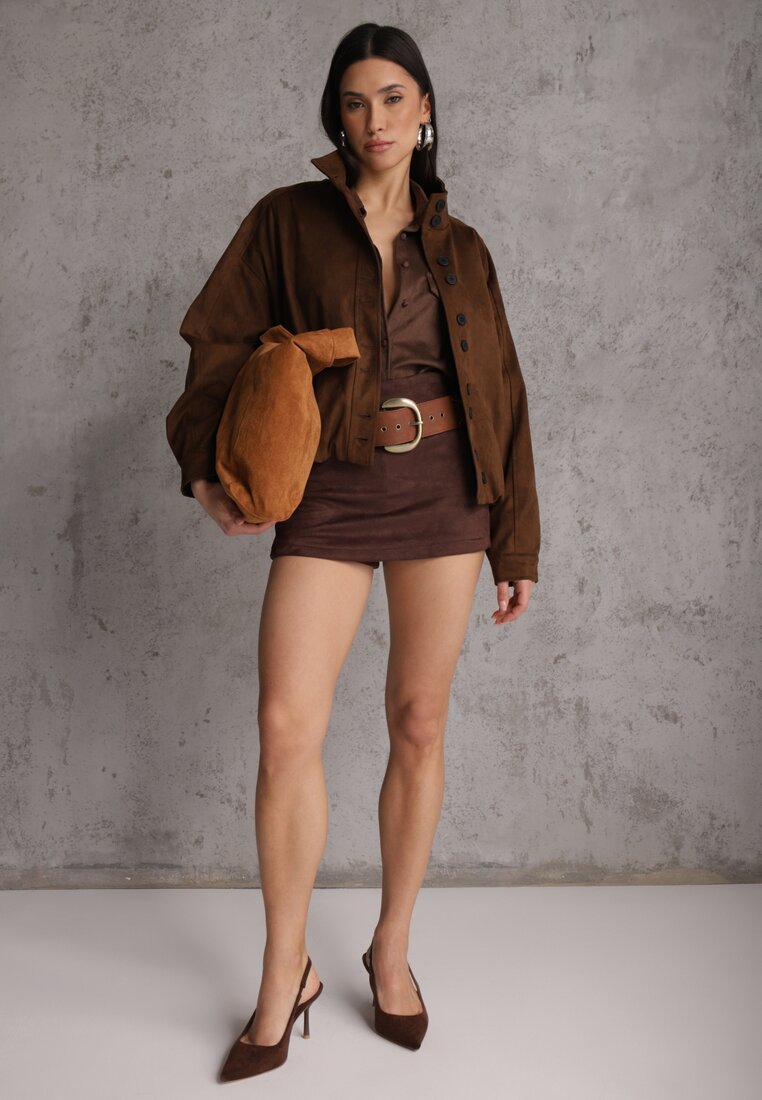 Brązowa Kurtka Bomber Jacket Ozdobiona Guzikami Quilimi