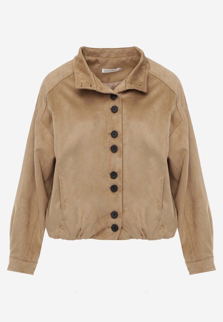 Jasnobrązowa Kurtka Bomber Jacket Ozdobiona Guzikami Quilimi