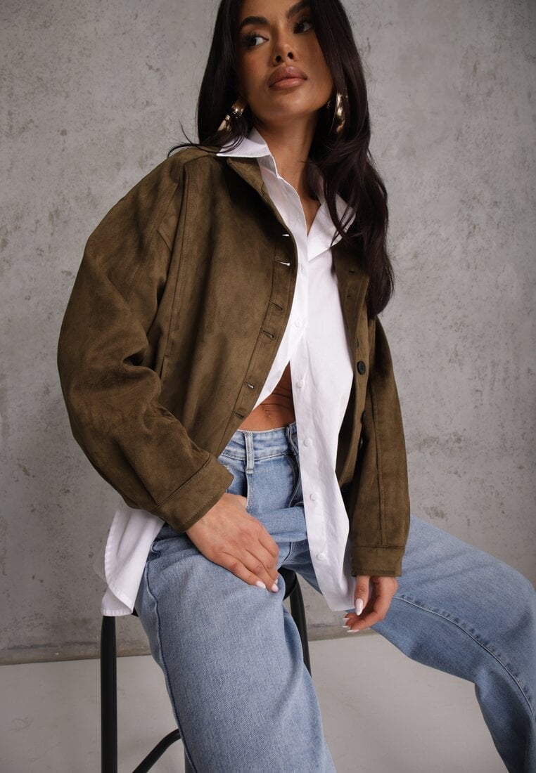 Ciemnobeżowa Kurtka Bomber Jacket Ozdobiona Guzikami Quilimi