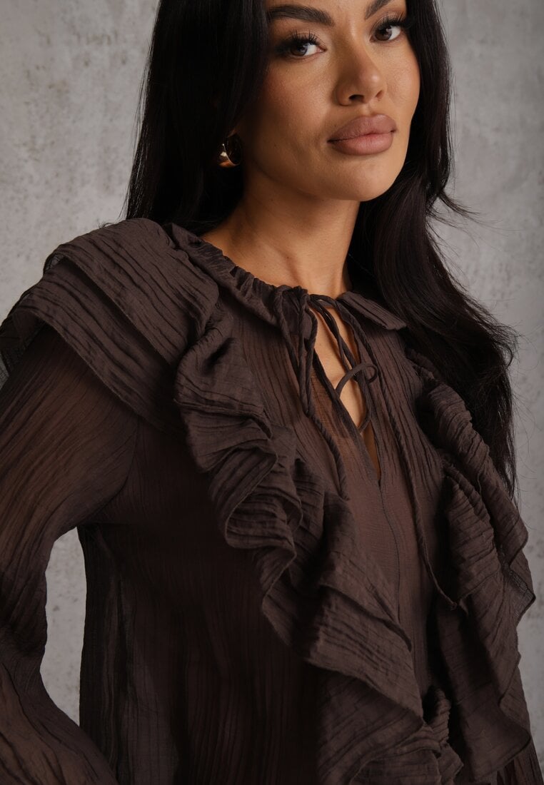 Brązowa Bluzka z Lyocellem w Stylu Boho z Wiązaniem pod Szyją i Falbanami Tasimi