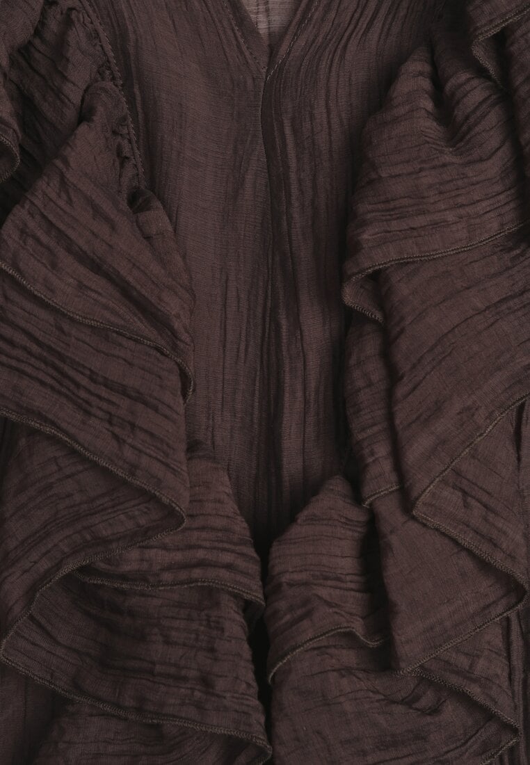 Brązowa Bluzka z Lyocellem w Stylu Boho z Wiązaniem pod Szyją i Falbanami Tasimi