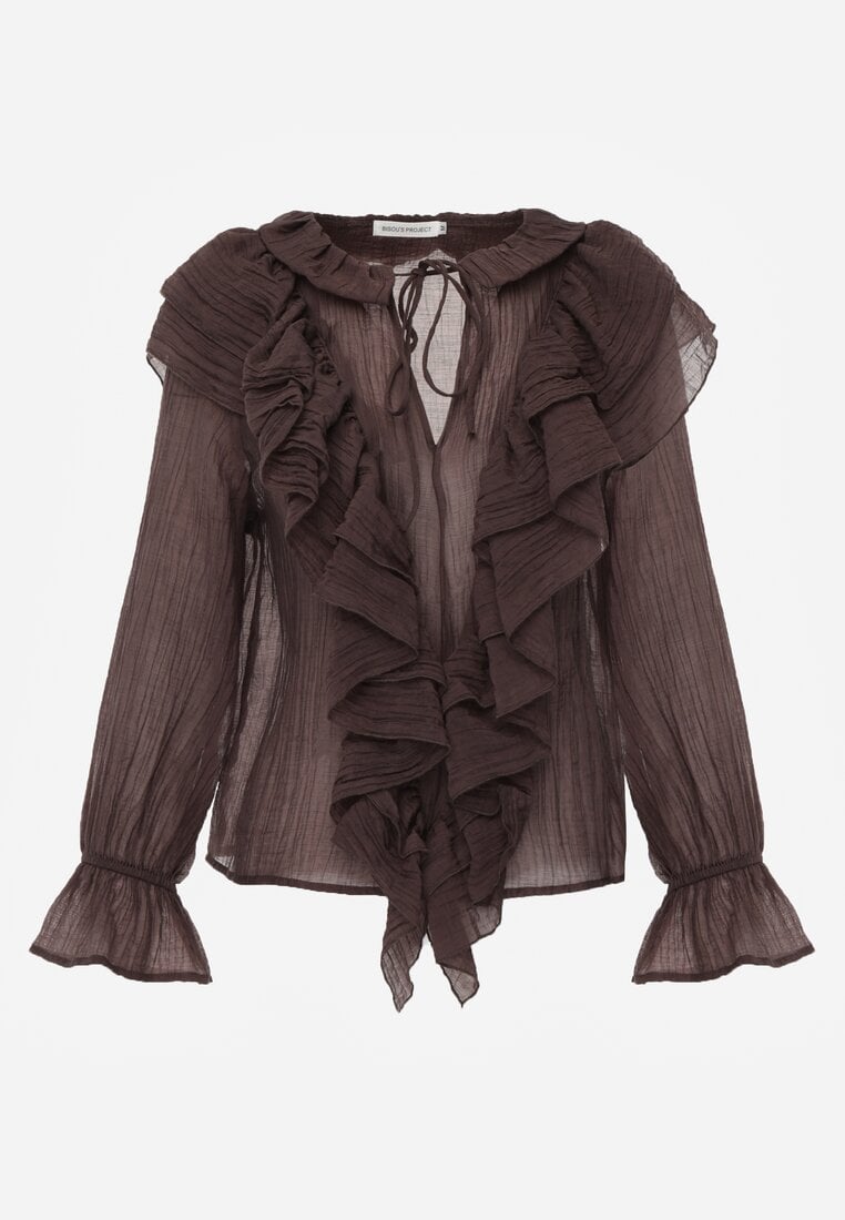 Brązowa Bluzka z Lyocellem w Stylu Boho z Wiązaniem pod Szyją i Falbanami Tasimi