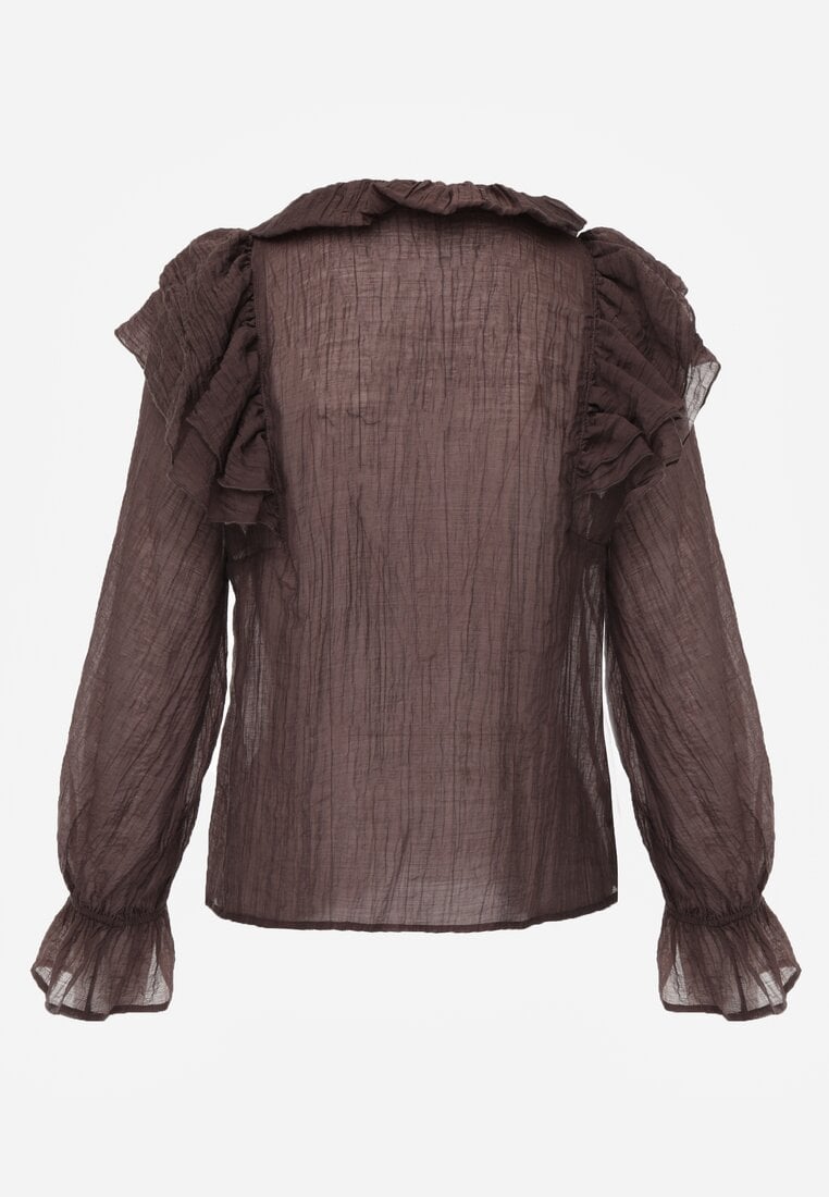 Brązowa Bluzka z Lyocellem w Stylu Boho z Wiązaniem pod Szyją i Falbanami Tasimi